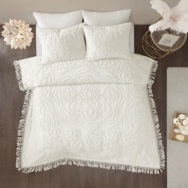 Laetitia Tufted Cotton Chenille Medallion Fringe Coverlet Mini Set - Off White - Gifts for You 'n Me