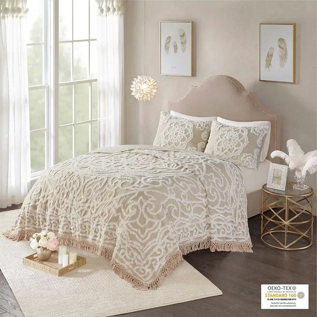 Laetitia Tufted Cotton Chenille Medallion Fringe Coverlet Mini Set - Taupe - Gifts for You 'n Me