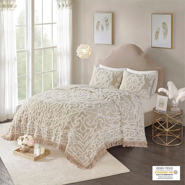 Laetitia Tufted Cotton Chenille Medallion Fringe Coverlet Mini Set - Taupe - Gifts for You 'n Me