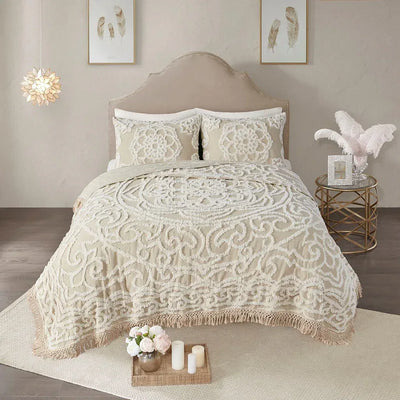 Laetitia Tufted Cotton Chenille Medallion Fringe Coverlet Mini Set - Taupe
