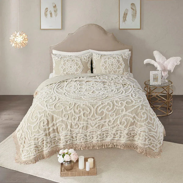 Laetitia Tufted Cotton Chenille Medallion Fringe Coverlet Mini Set - Taupe - Gifts for You 'n Me