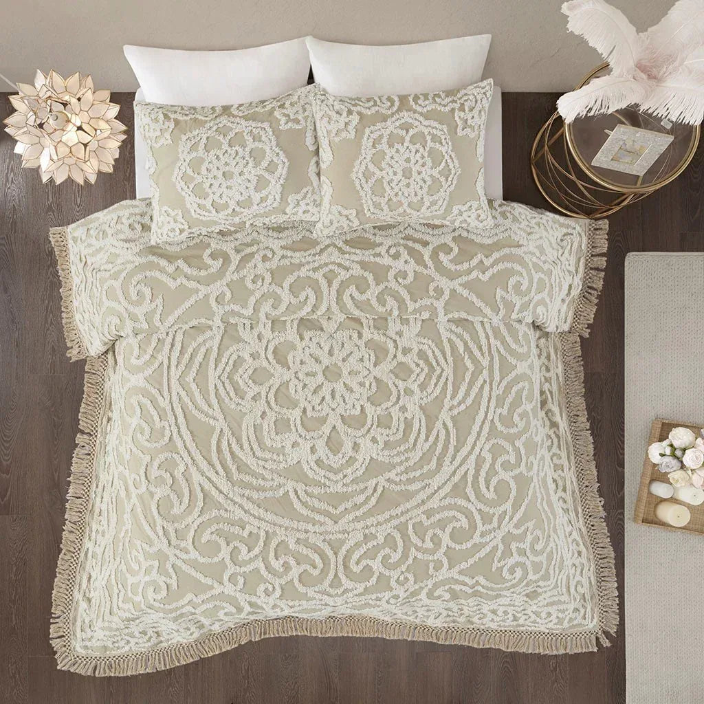 Laetitia Tufted Cotton Chenille Medallion Fringe Coverlet Mini Set - Taupe - Gifts for You 'n Me