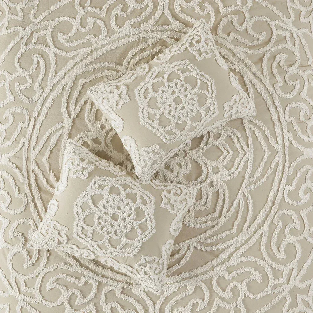 Laetitia Tufted Cotton Chenille Medallion Fringe Coverlet Mini Set - Taupe - Gifts for You 'n Me