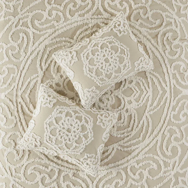 Laetitia Tufted Cotton Chenille Medallion Fringe Coverlet Mini Set - Taupe - Gifts for You 'n Me