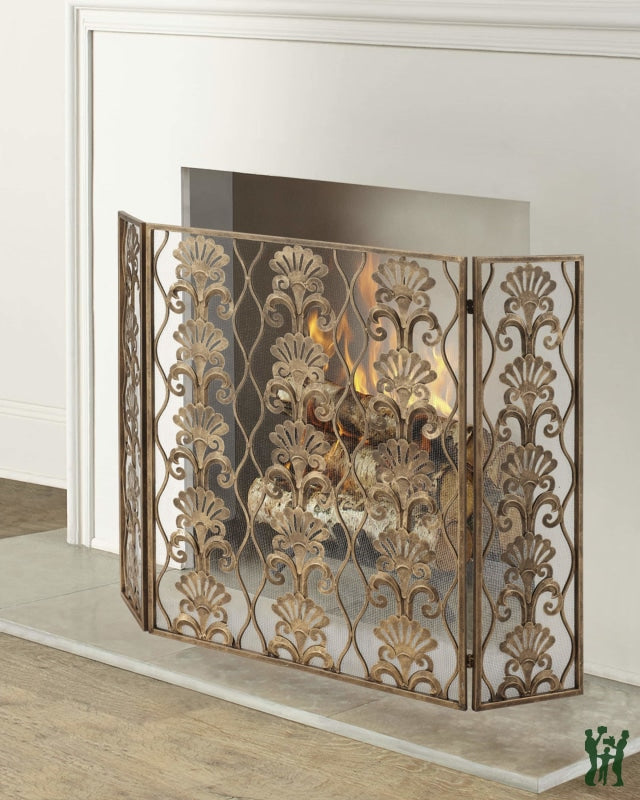 48W Light Burnished Gold Shell Accent Three Panel Fire Screen With Mesh Backing Fireplace