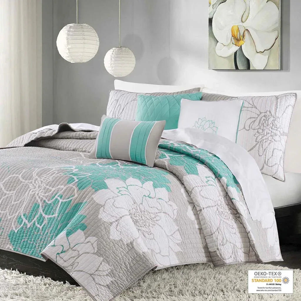 Lola 6 Piece Reversible Cotton Printed Coverlet Set - Aqua - Gifts for You 'n Me