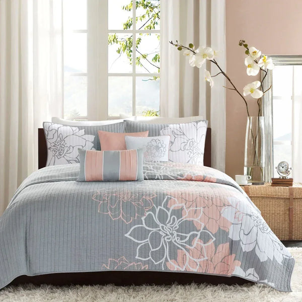 Lola 6 Piece Reversible Cotton Printed Coverlet Set - Grey/Blush - Gifts for You 'n Me