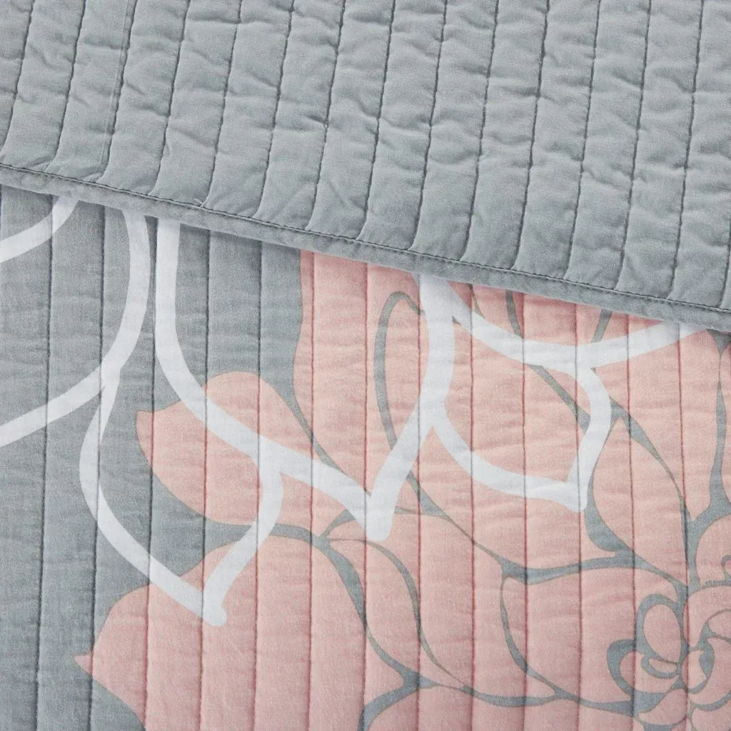 Lola 6 Piece Reversible Cotton Printed Coverlet Set - Grey/Blush - Gifts for You 'n Me