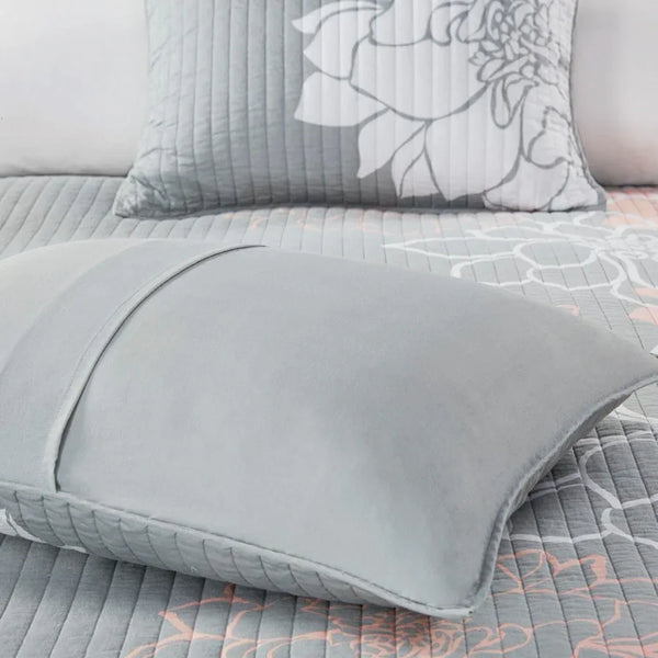 Lola 6 Piece Reversible Cotton Printed Coverlet Set - Grey/Blush - Gifts for You 'n Me