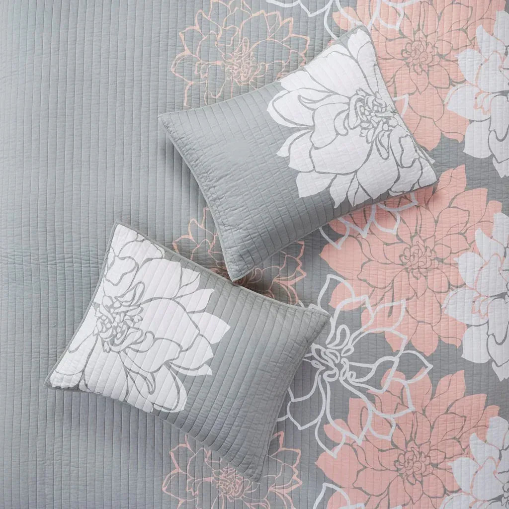 Lola 6 Piece Reversible Cotton Printed Coverlet Set - Grey/Blush - Gifts for You 'n Me
