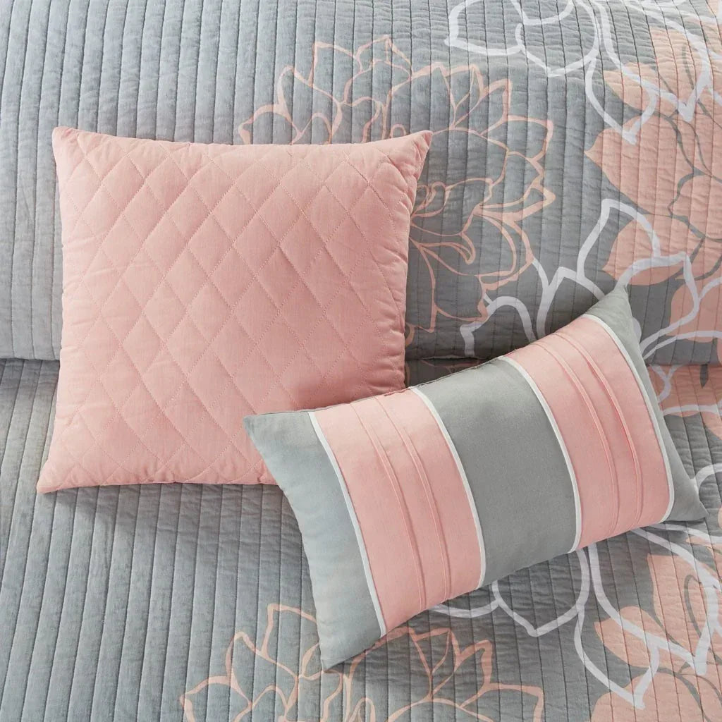 Lola 6 Piece Reversible Cotton Printed Coverlet Set - Grey/Blush - Gifts for You 'n Me