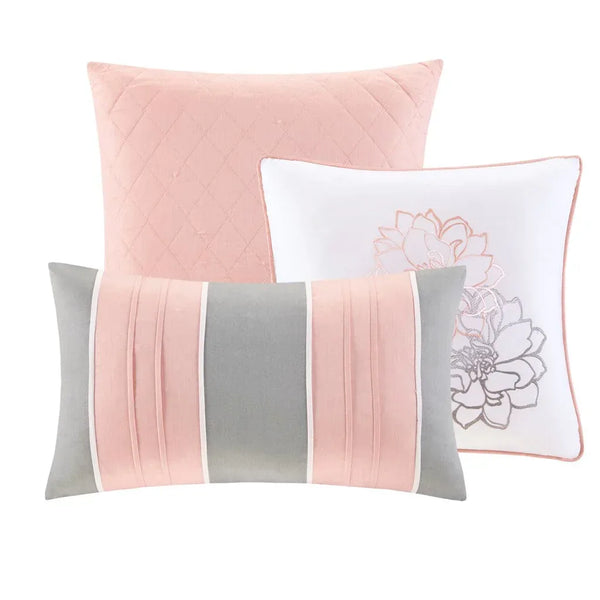 Lola 6 Piece Reversible Cotton Printed Coverlet Set - Grey/Blush - Gifts for You 'n Me