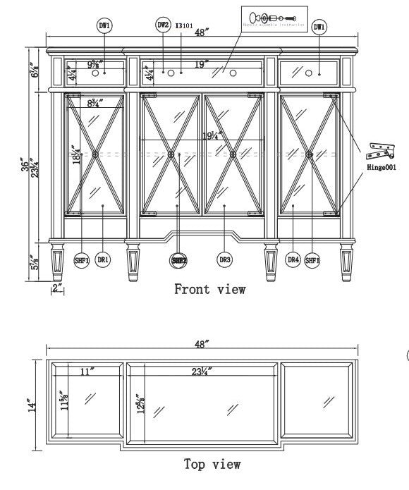 Elegant 3 Drawer 4 Door Cabinet 48 .In. X 14 In. X 36 In. in Silver Clear - Gifts for You 'n Me