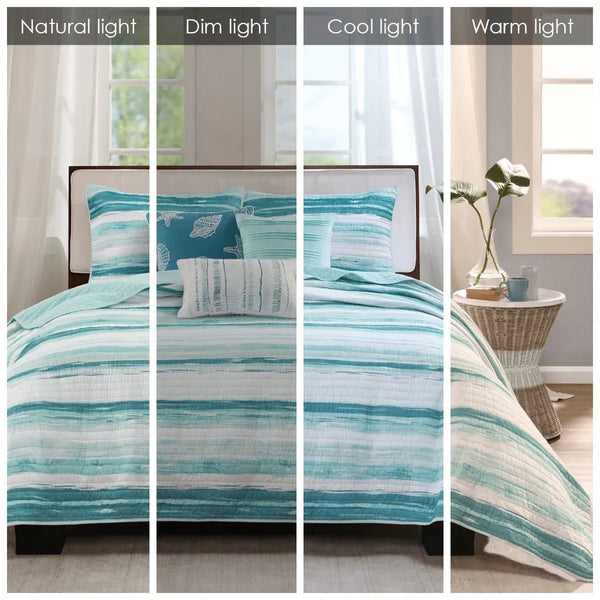 Marina 6 Piece Quilted Microfiber Coverlet Set with Throw Pillows - Aqua - Gifts for You 'n Me