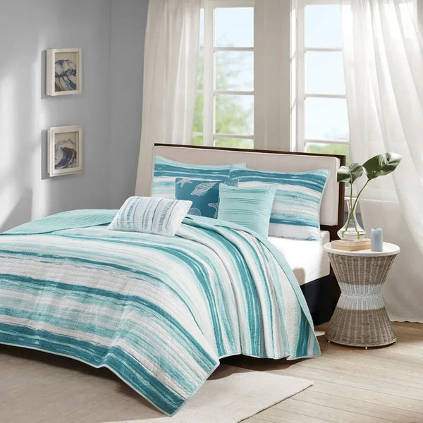Marina 6 Piece Quilted Microfiber Coverlet Set with Throw Pillows - Aqua - Gifts for You 'n Me