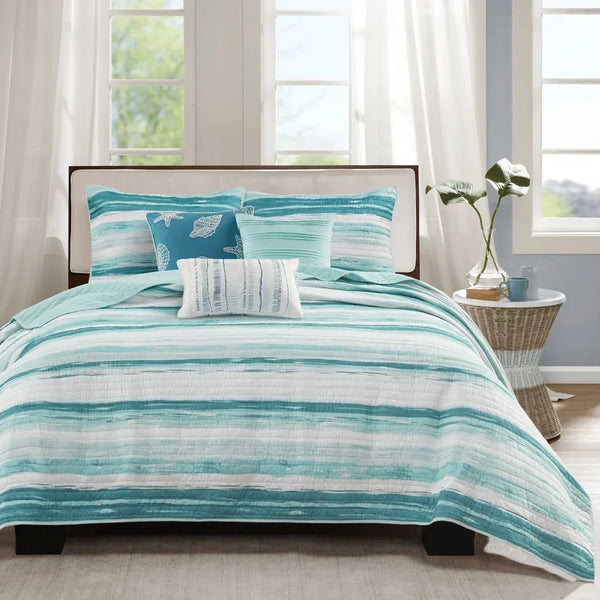 Marina 6 Piece Quilted Microfiber Coverlet Set with Throw Pillows - Aqua - Gifts for You 'n Me