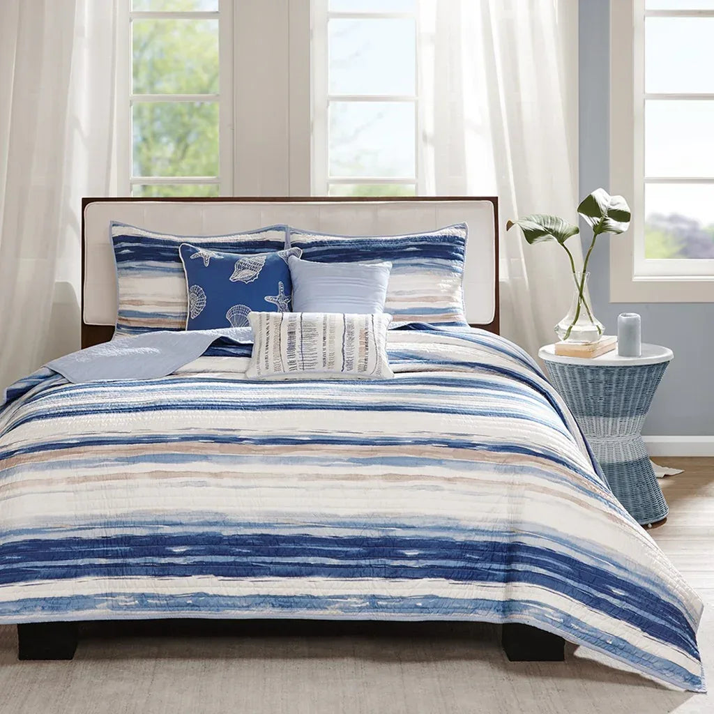 Marina 6 Piece Quilted Microfiber Coverlet Set with Throw Pillows - Blue - Gifts for You 'n Me