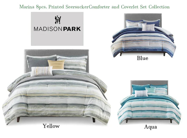 Marina 8 Piece Printed Seersucker Comforter and Coverlet Set Collection - Gifts for You 'n Me