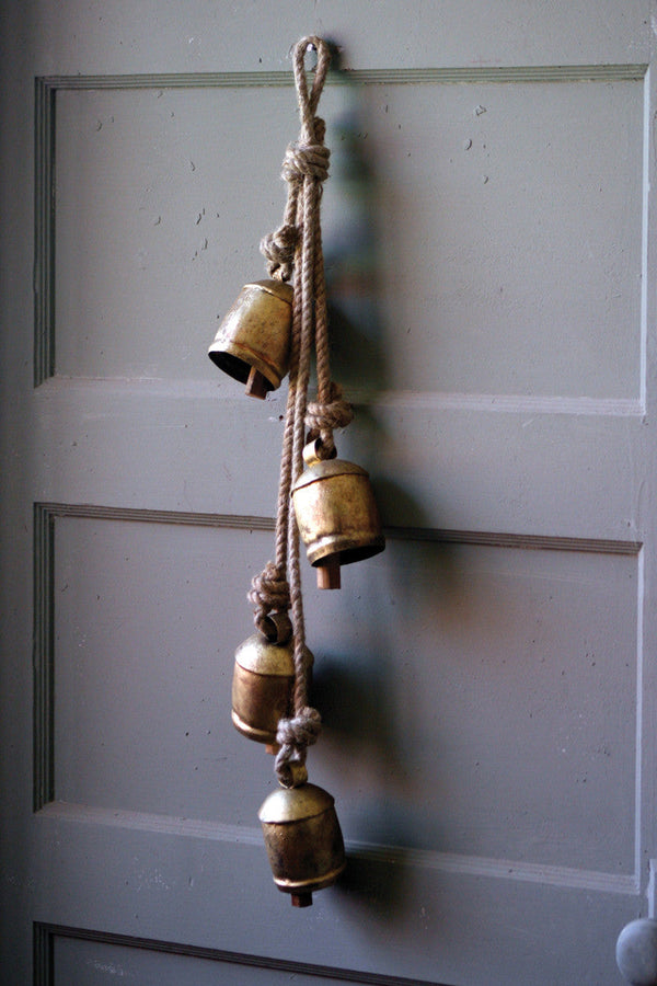 FOUR RUSTIC IRON HANGING BELLS WITH ROPE Kalalou