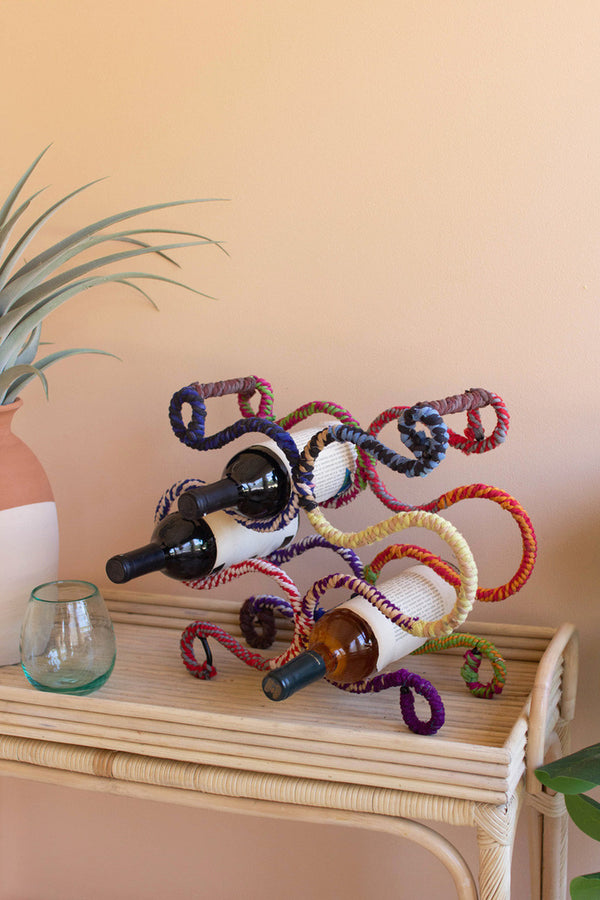 Kantha wrapped iron table top wine rack