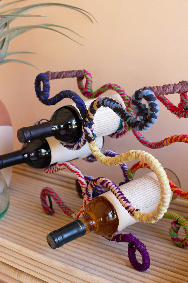 Kantha wrapped iron table top wine rack