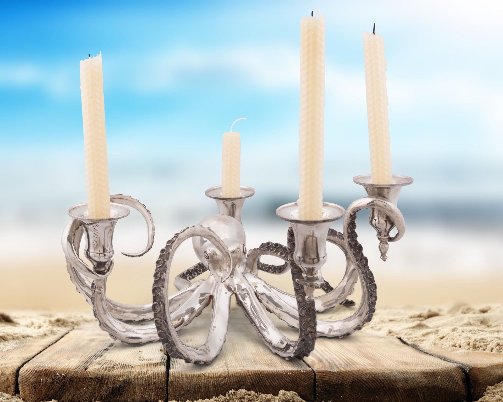 FOUR TAPER PEWTER OCTOPUS CANDELABRUM
