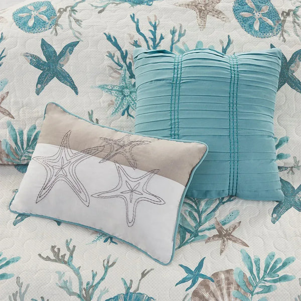 Pebble Beach 6 Piece Cotton Sateen Reversible Coverlet Set - Aqua - Gifts for You 'n Me