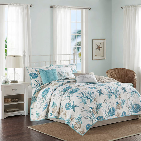 Pebble Beach 6 Piece Cotton Sateen Reversible Coverlet Set - Aqua