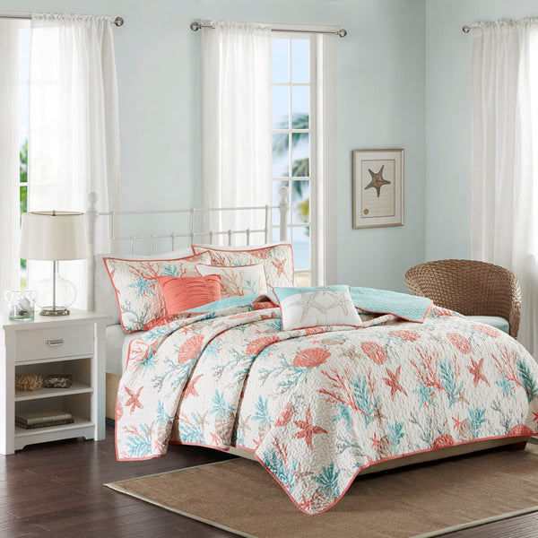Pebble Beach 6 Piece Cotton Sateen Reversible Coverlet Set - Coral