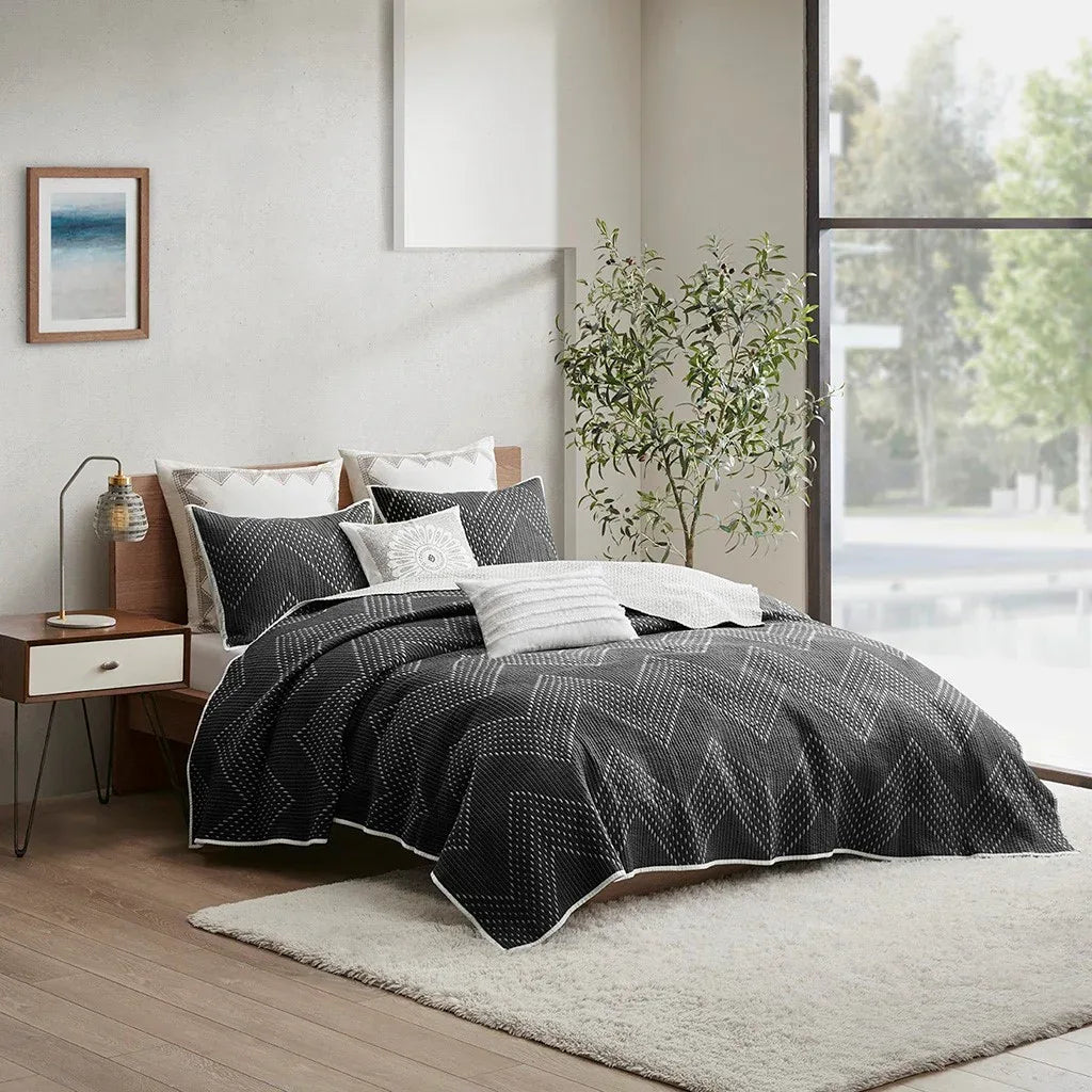 Pomona Cotton Embroidered 3 Piece Coverlet Set - Black - Gifts for You 'n Me