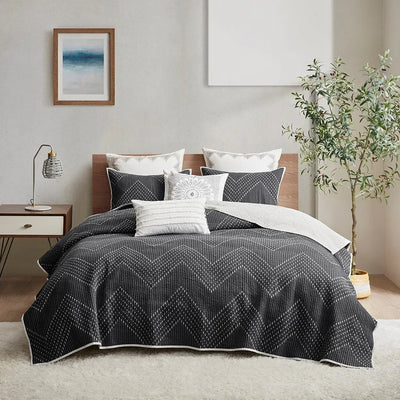 Pomona Cotton Embroidered 3 Piece Coverlet Set - Black
