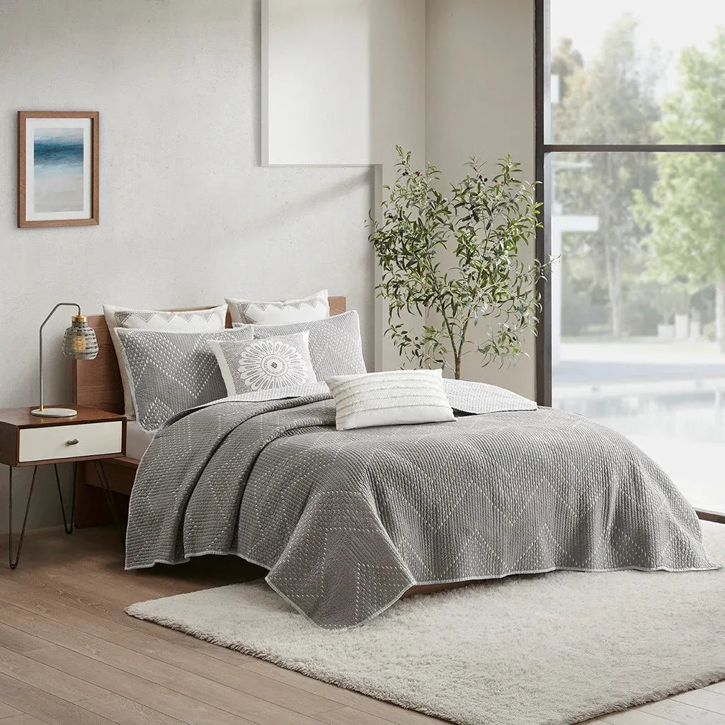 Pomona Cotton Embroidered 3 Piece Coverlet Set - Gray - Gifts for You 'n Me