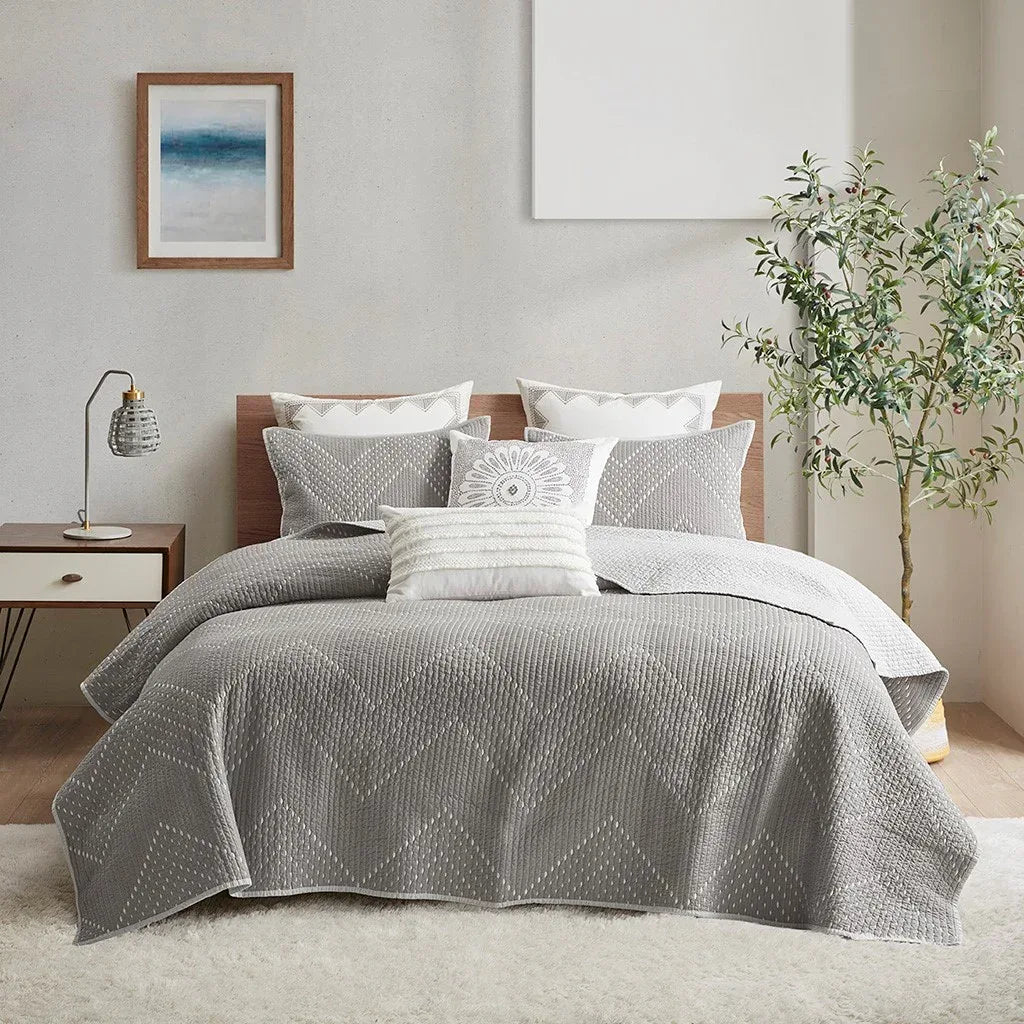 Pomona Cotton Embroidered 3 Piece Coverlet Set - Gray - Gifts for You 'n Me