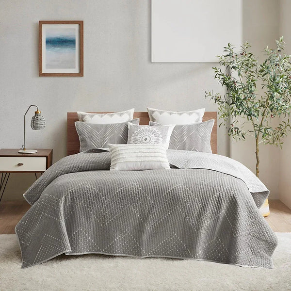 Pomona Cotton Embroidered 3 Piece Coverlet Set - Gray - Gifts for You 'n Me
