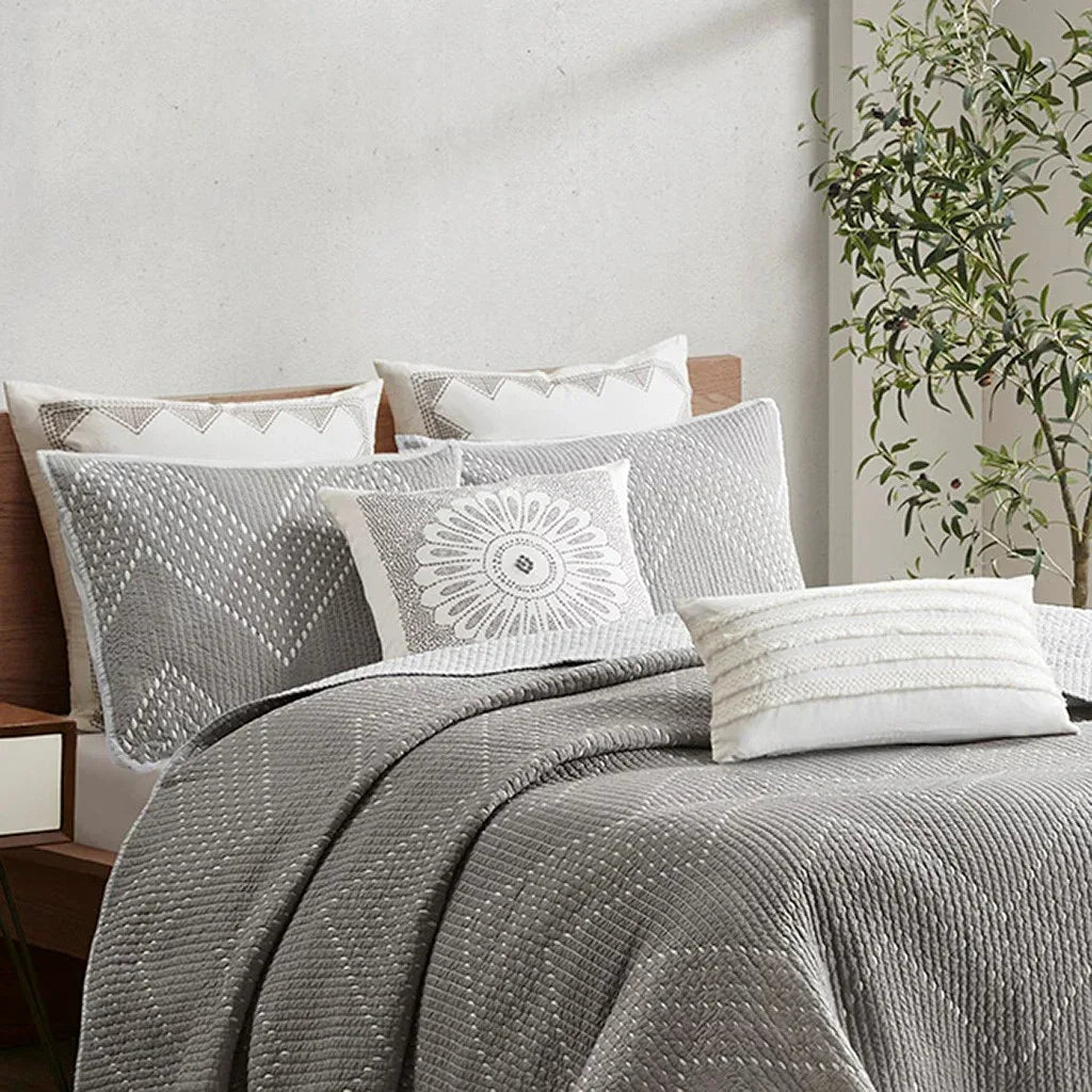 Pomona Cotton Embroidered 3 Piece Coverlet Set - Gray - Gifts for You 'n Me