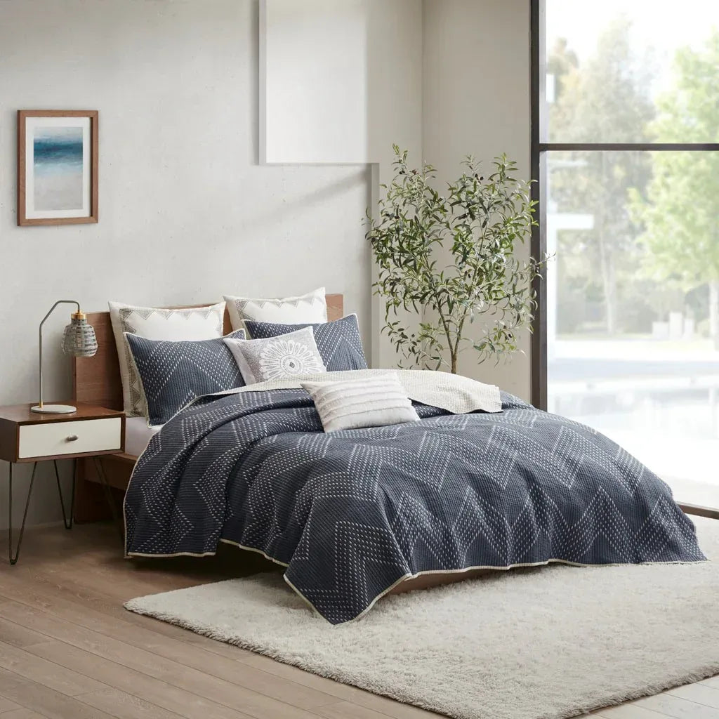 Pomona Cotton Embroidered 3 Piece Coverlet Set - Navy - Gifts for You 'n Me