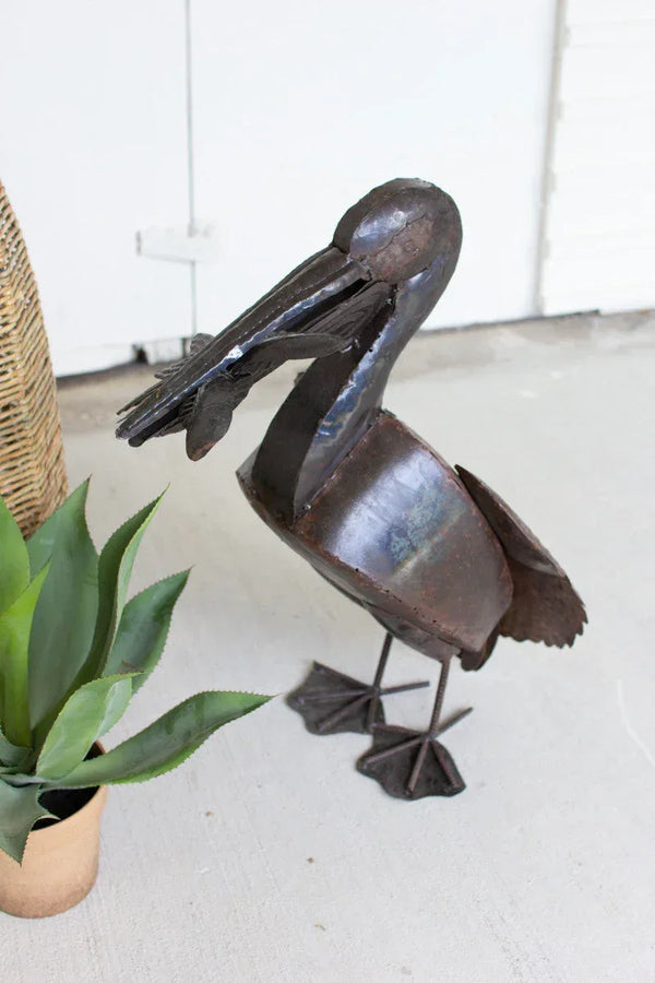 RUSTIC RECYLED METAL PELICAN WITH FISH - Gifts for You 'n Me