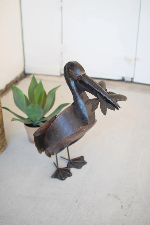 RUSTIC RECYLED METAL PELICAN WITH FISH - Gifts for You 'n Me
