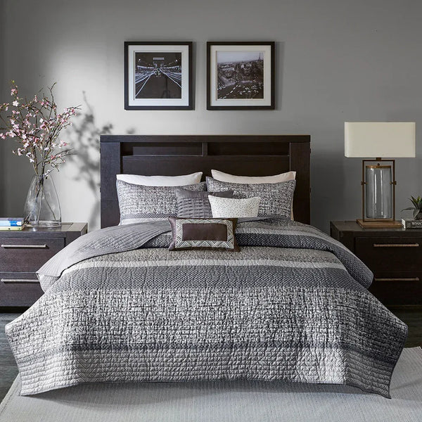Rhapsody 6 Piece Reversible Jacquard Quilt Set with Throw Pillows in Grey/Taupe - Gifts for You 'n Me