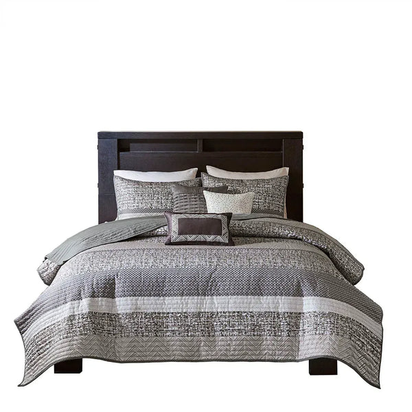 Rhapsody 6 Piece Reversible Jacquard Quilt Set with Throw Pillows in Grey/Taupe - Gifts for You 'n Me