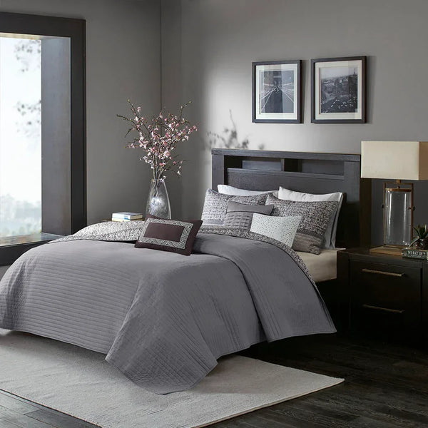 Rhapsody 6 Piece Reversible Jacquard Quilt Set with Throw Pillows in Grey/Taupe - Gifts for You 'n Me