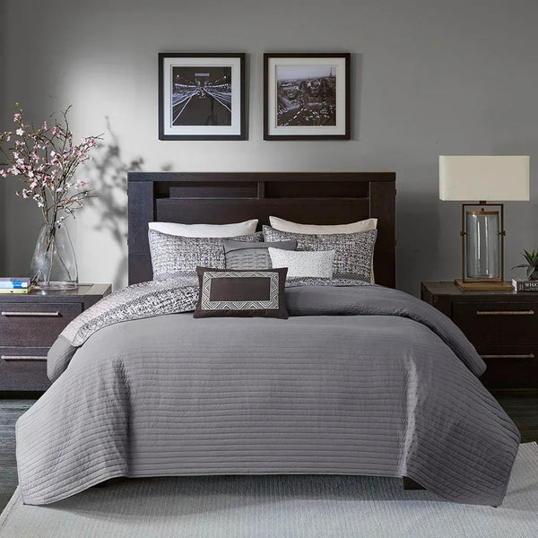Rhapsody 6 Piece Reversible Jacquard Quilt Set with Throw Pillows in Grey/Taupe - Gifts for You 'n Me