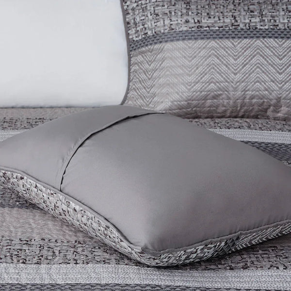 Rhapsody 6 Piece Reversible Jacquard Quilt Set with Throw Pillows in Grey/Taupe - Gifts for You 'n Me