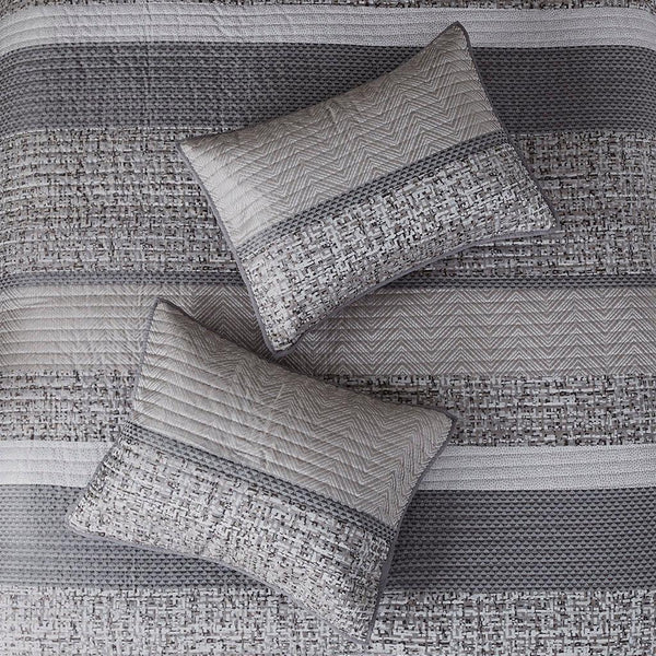 Rhapsody 6 Piece Reversible Jacquard Quilt Set with Throw Pillows in Grey/Taupe - Gifts for You 'n Me
