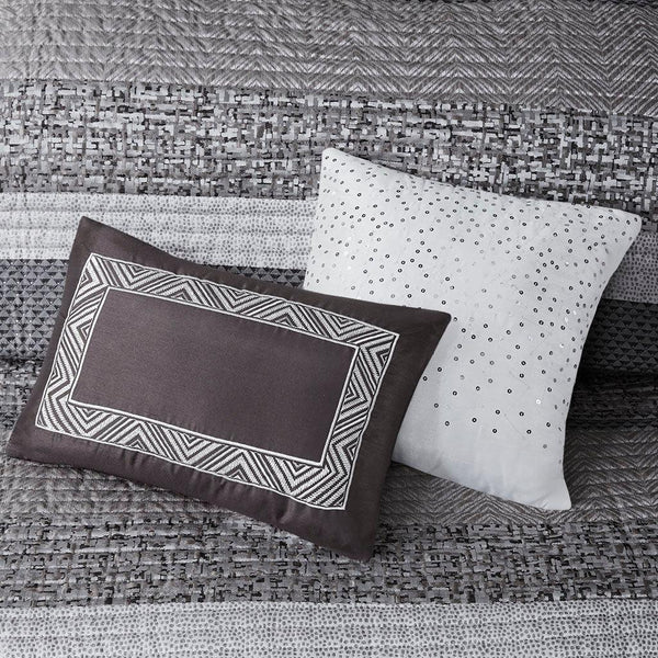 Rhapsody 6 Piece Reversible Jacquard Quilt Set with Throw Pillows in Grey/Taupe - Gifts for You 'n Me