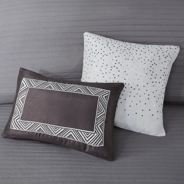 Rhapsody 6 Piece Reversible Jacquard Quilt Set with Throw Pillows in Grey/Taupe - Gifts for You 'n Me