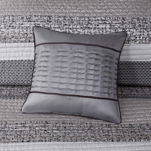 Rhapsody 6 Piece Reversible Jacquard Quilt Set with Throw Pillows in Grey/Taupe - Gifts for You 'n Me