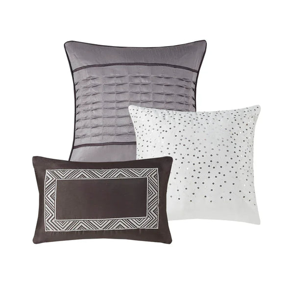 Rhapsody 6 Piece Reversible Jacquard Quilt Set with Throw Pillows in Grey/Taupe - Gifts for You 'n Me