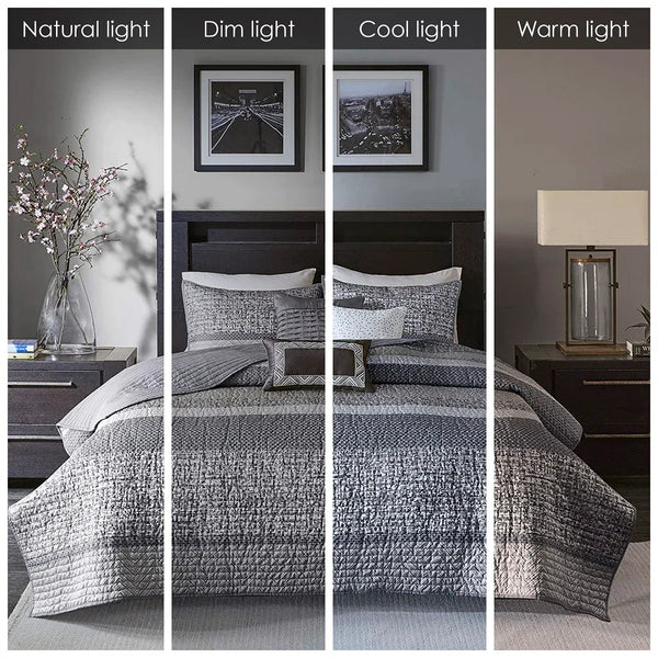 Rhapsody 6 Piece Reversible Jacquard Quilt Set with Throw Pillows in Grey/Taupe - Gifts for You 'n Me