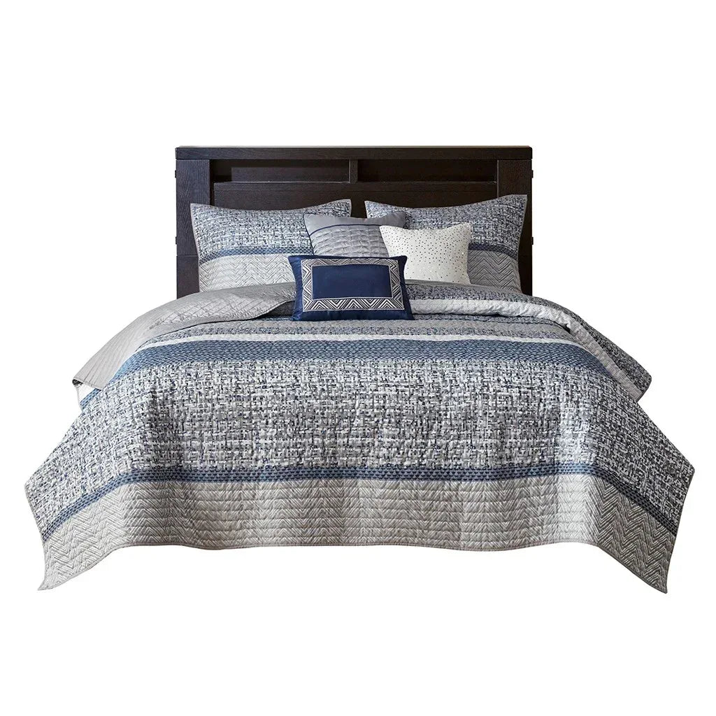 Rhapsody 6 Piece Reversible Jacquard Quilt Set with Throw Pillows in Navy - Gifts for You 'n Me
